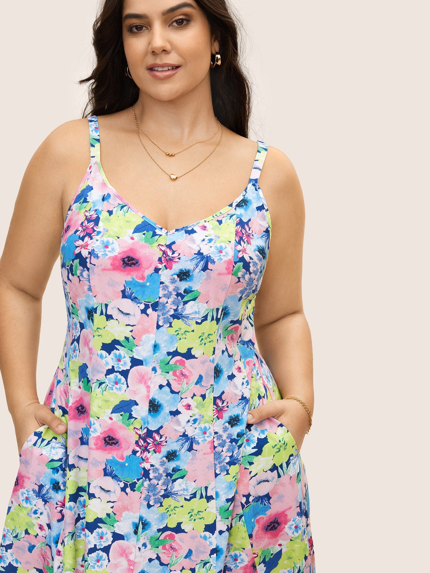 V Neck Watercolor Floral Pleated Maxi Dress