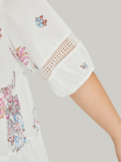 Floral Print Patchwork Ruffle Layered Hem Lantern Sleeve Blouse