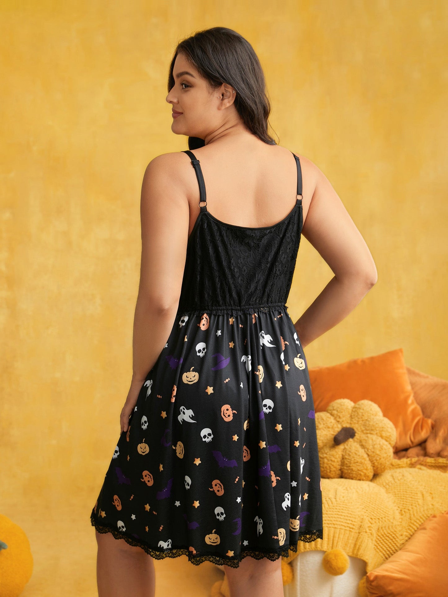 Lace Pumpkin Printed Bust-Defining Mini Dress