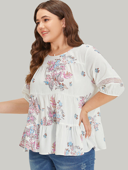 Floral Print Patchwork Ruffle Layered Hem Lantern Sleeve Blouse