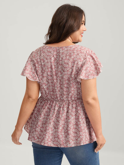 Ribbon Neck Floral Print Ruffled Blouse