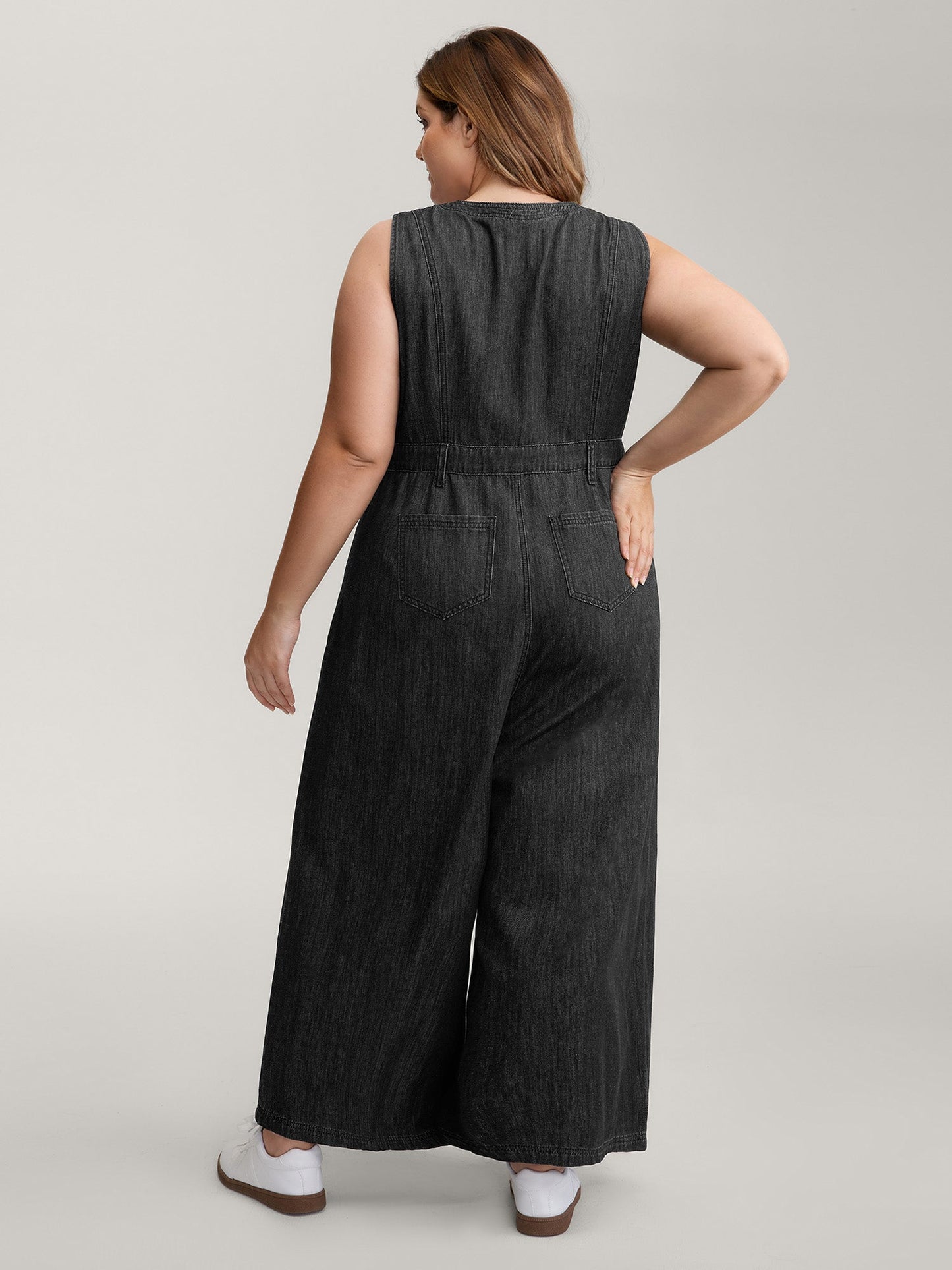 Button Placket Pockets Denim Jumpsuit