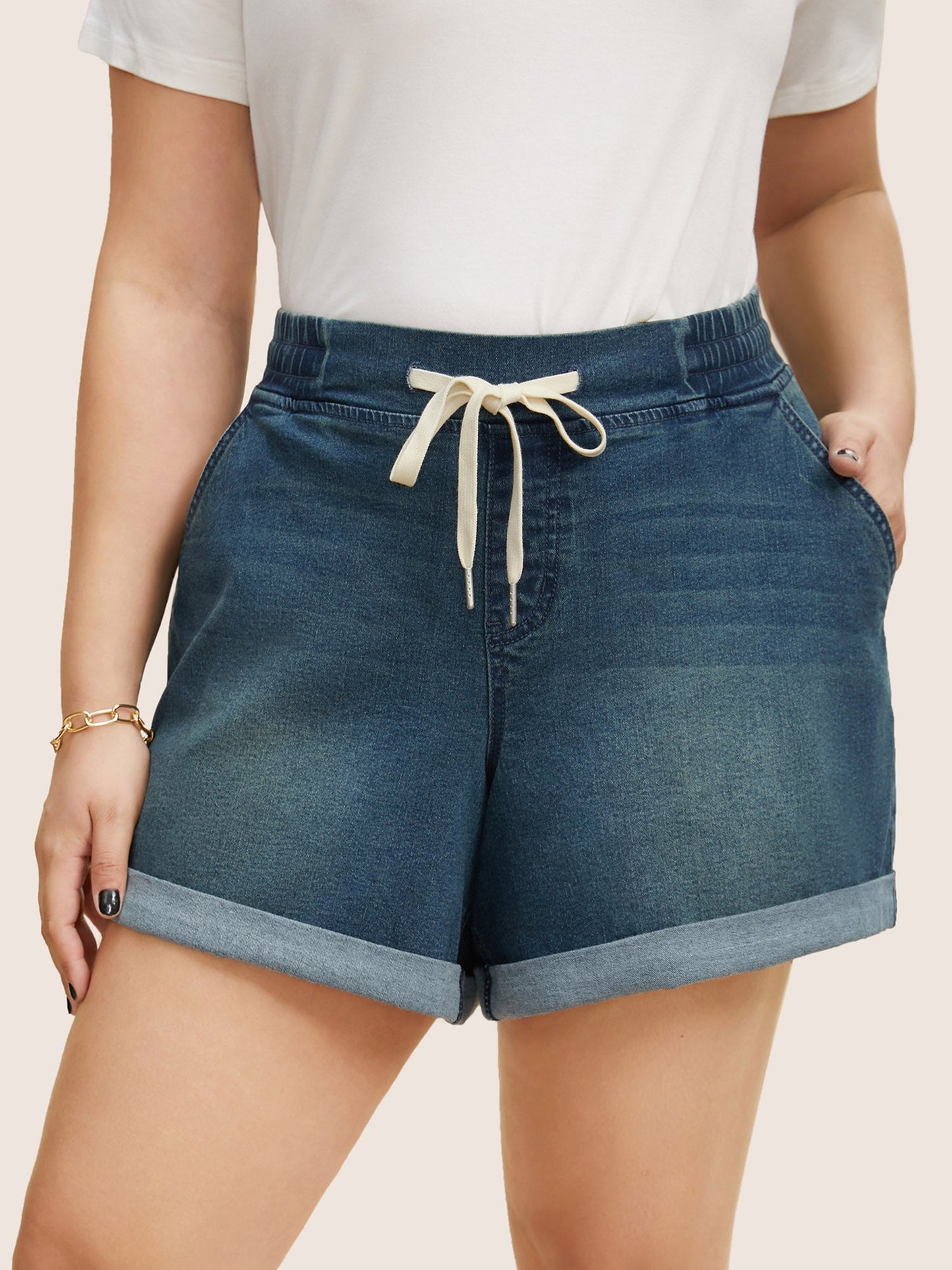 Dark Wash Roll Hem Drawstring Denim Shorts