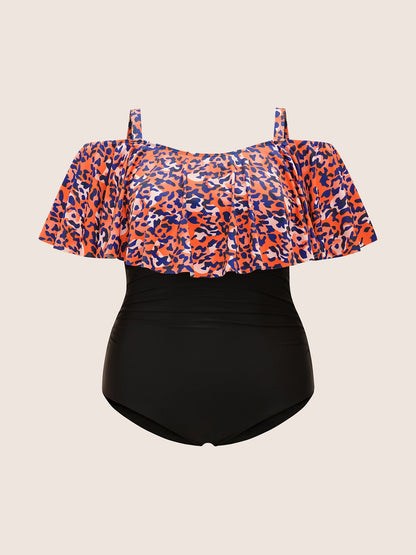 Leopard Patchwork Cold Shoulder One Piece Swimsuit