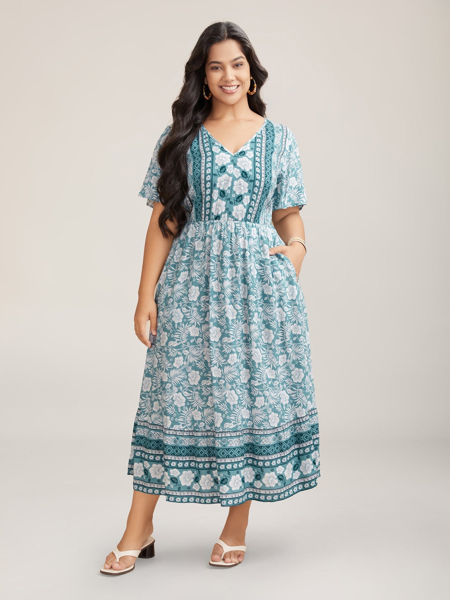 Floral Print Stretchy Waist Pockets Midi Dress