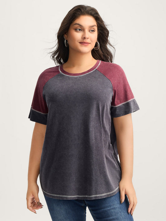 Cotton Vintage Color Contrast Solid T-Shirt
