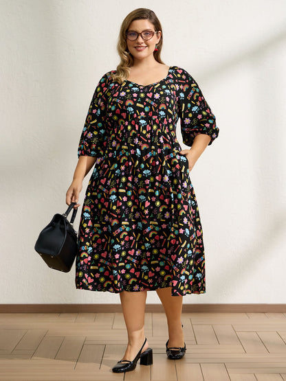 Playful School Print Rayon Deep Neck Midi Dress
