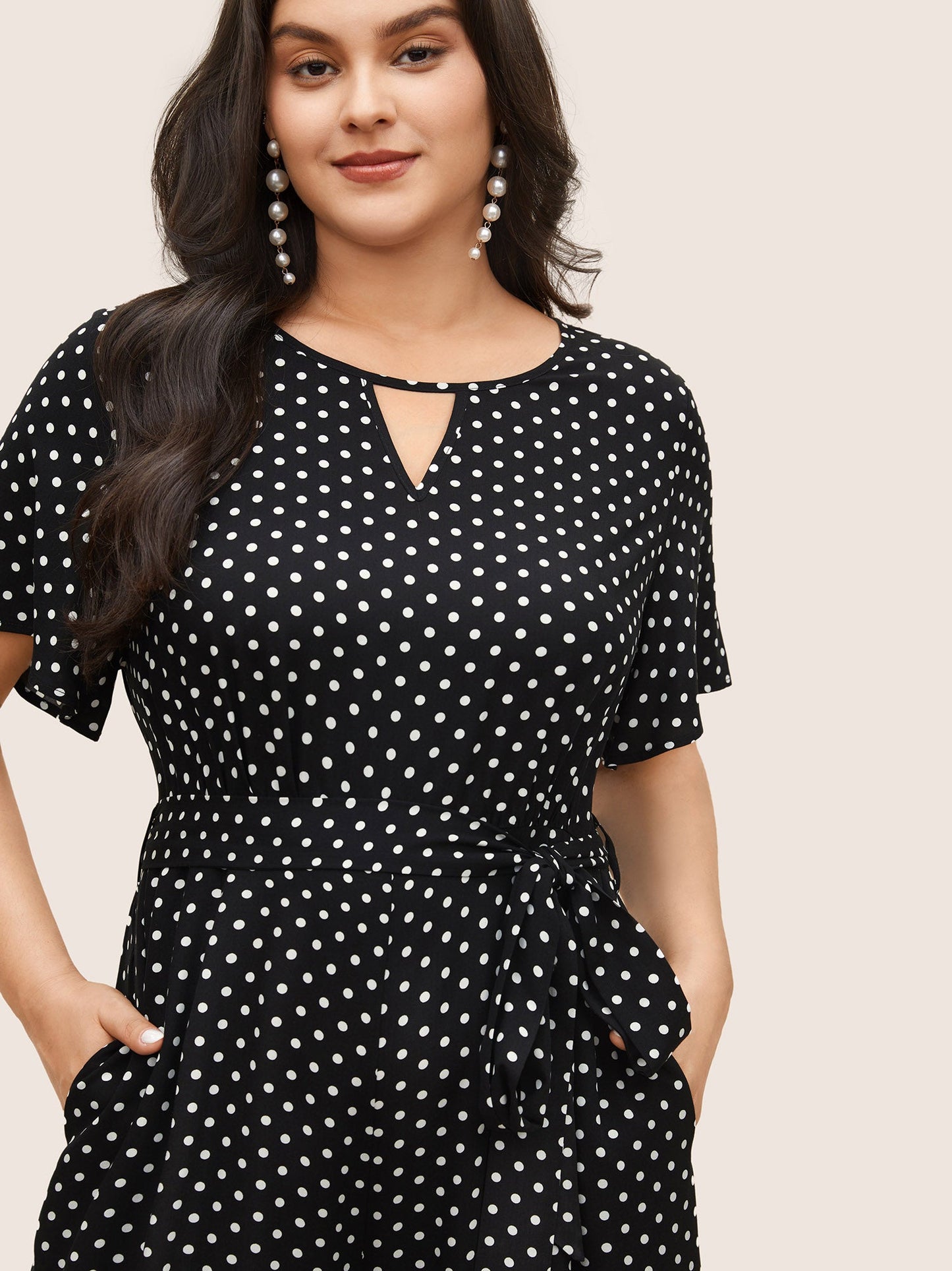 Polka Dot Cut Out Zipper Belted Jumpsuit