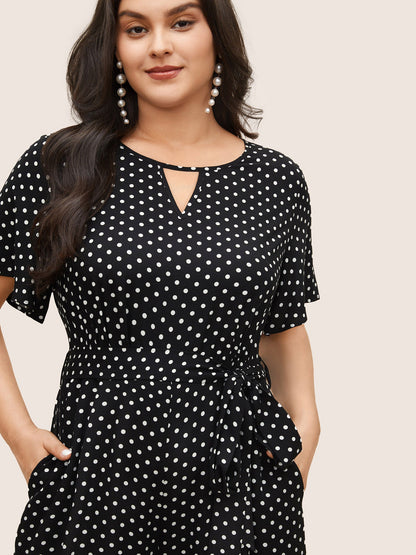 Polka Dot Cut Out Zipper Belted Jumpsuit
