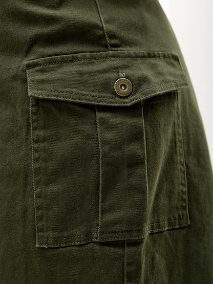 Flap Detail Classic Cut Midi Denim Skirt