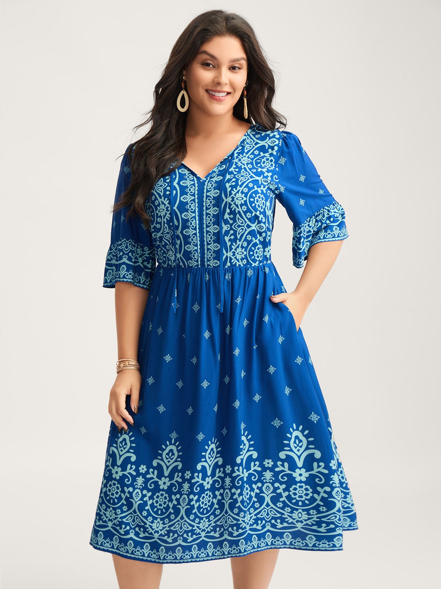 Stretchy Waist Boho Print Midi Dress