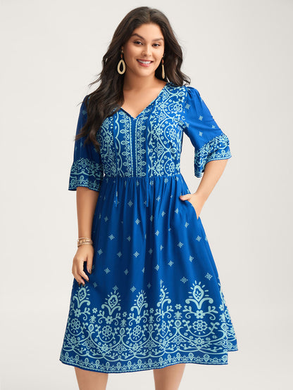 Stretchy Waist Boho Print Midi Dress