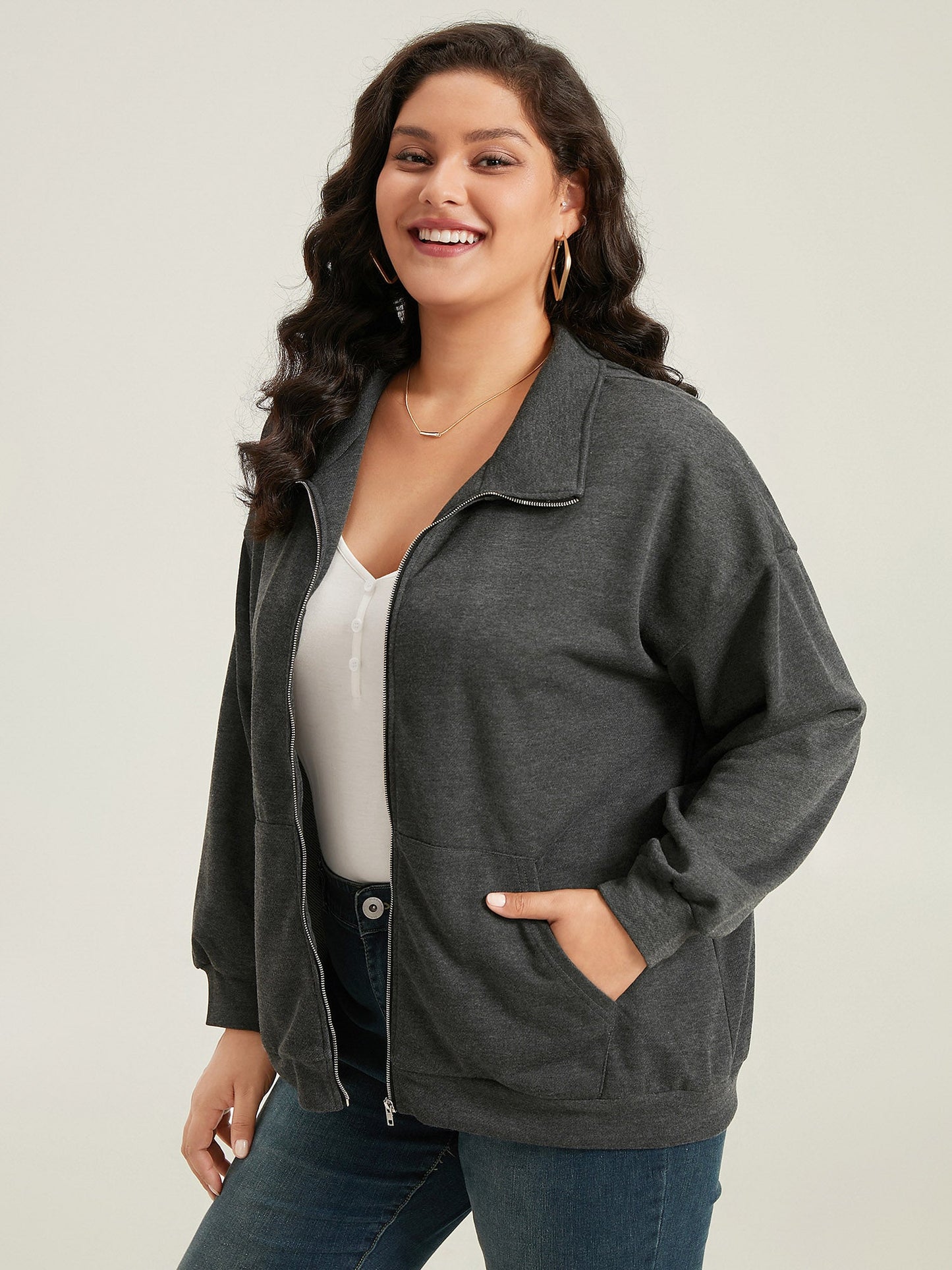 Lapel Collar Zip-Front Pockets Jacket