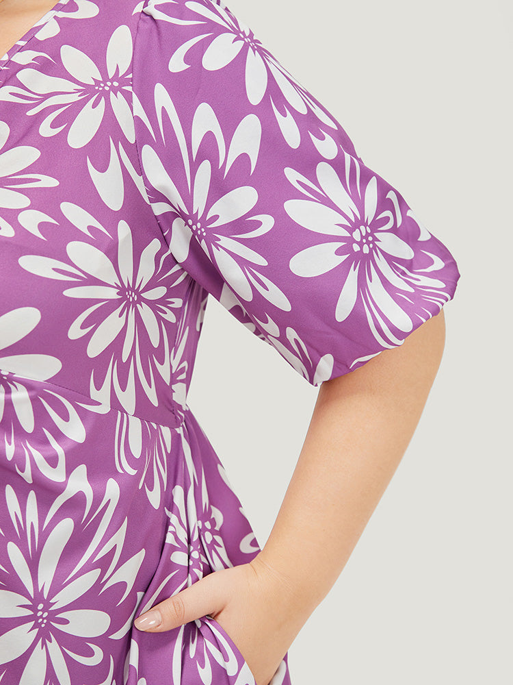Floral Print Puff Sleeve Pocket Twist Front Dress