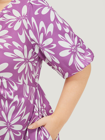 Floral Print Puff Sleeve Pocket Twist Front Dress