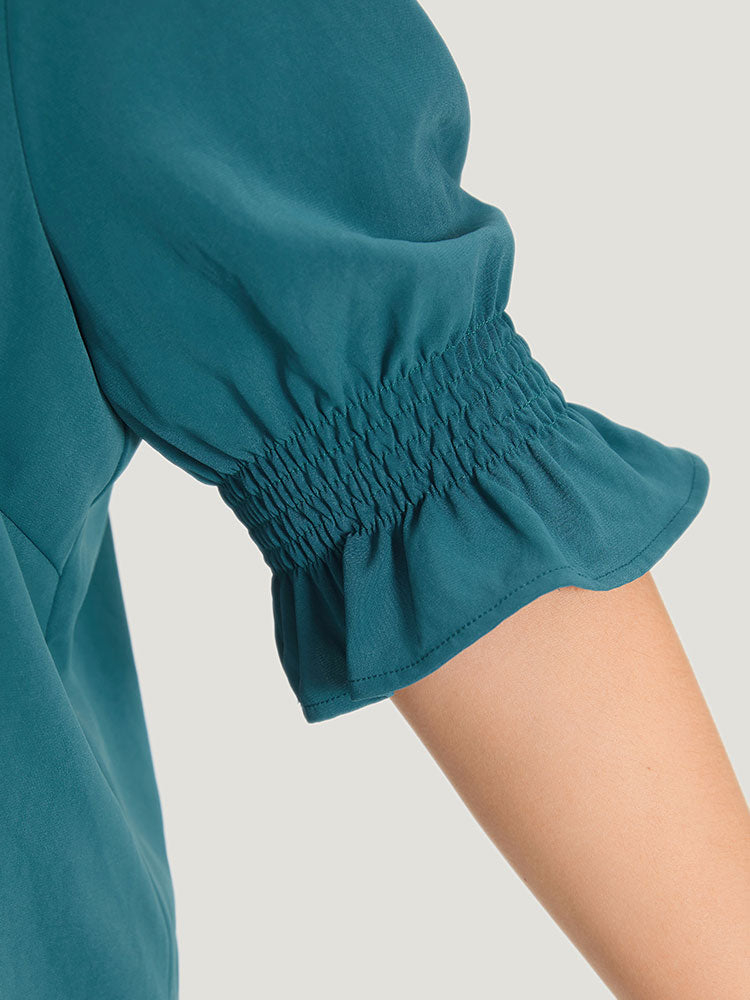 Plain Shirt Collar Shirred Button Up Ruffled Trim Blouse