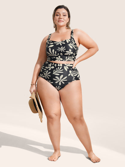 Natural Flowers Ruched Heart Neckline Swim Top