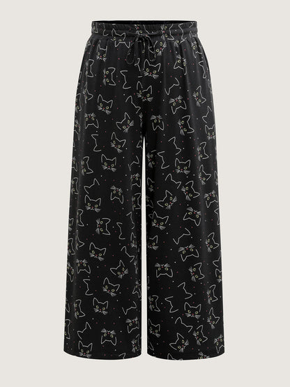 Meow Halloween Print Wide-Leg Lounge Pants