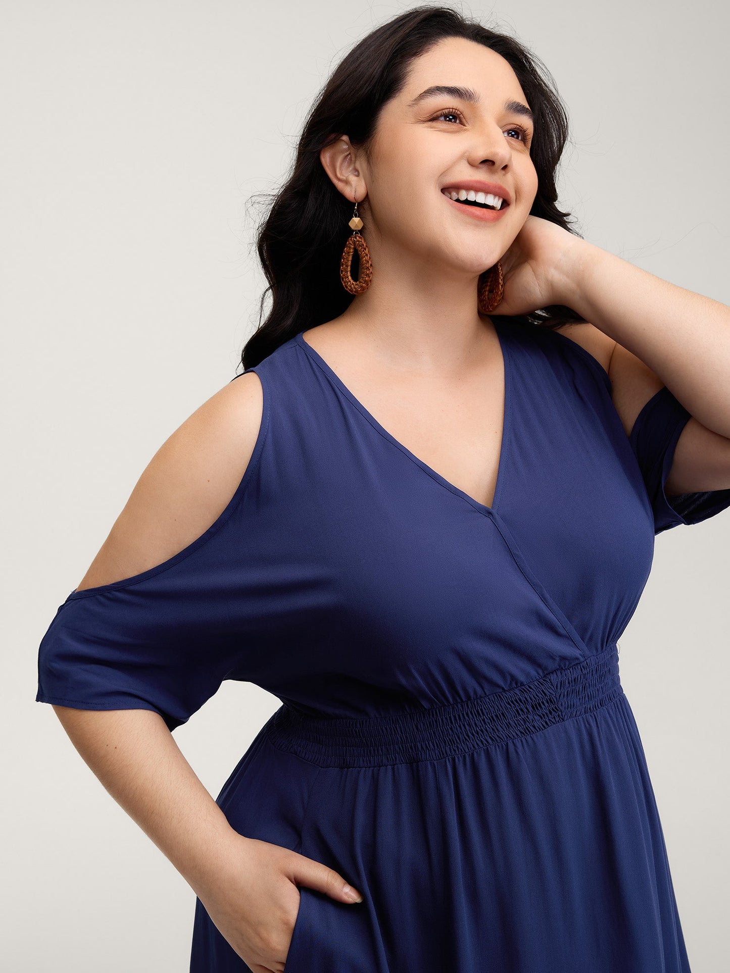 Sleeve Cut-Out Shirred Waist Maxi Dress