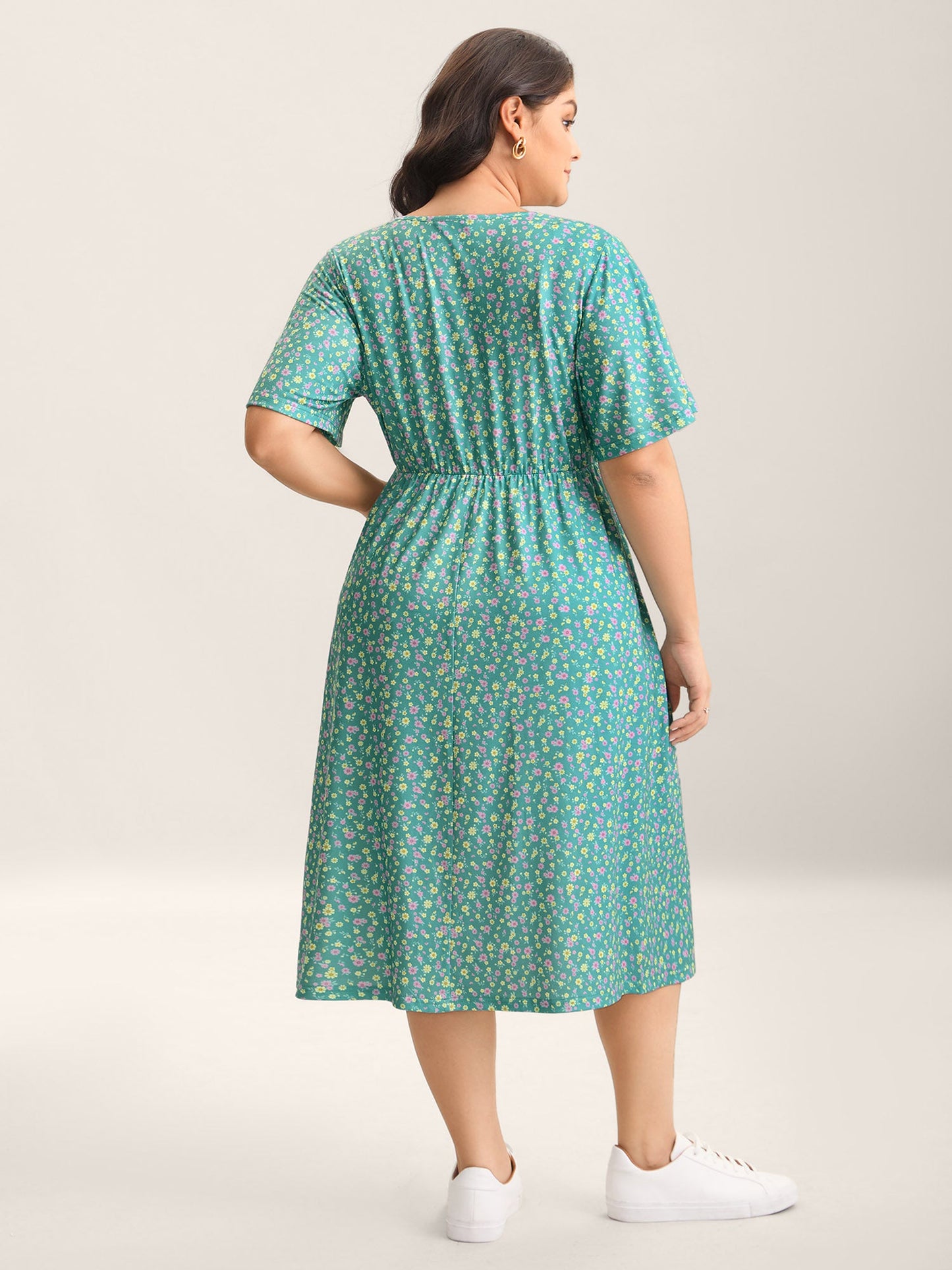 Floral Print Surplice Neck Midi Dress