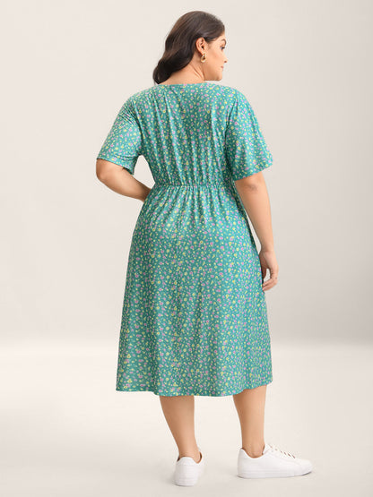 Floral Print Surplice Neck Midi Dress