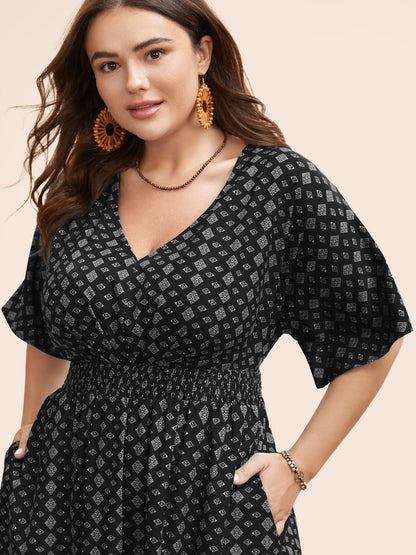 Boho Print Shirred Pleated Dolman Sleeve Dress