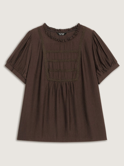 Lace Trim Ruffled Neck Solid Blouse