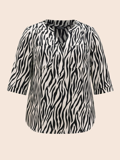 Zebra Print Notched Patched Pocket Blouse