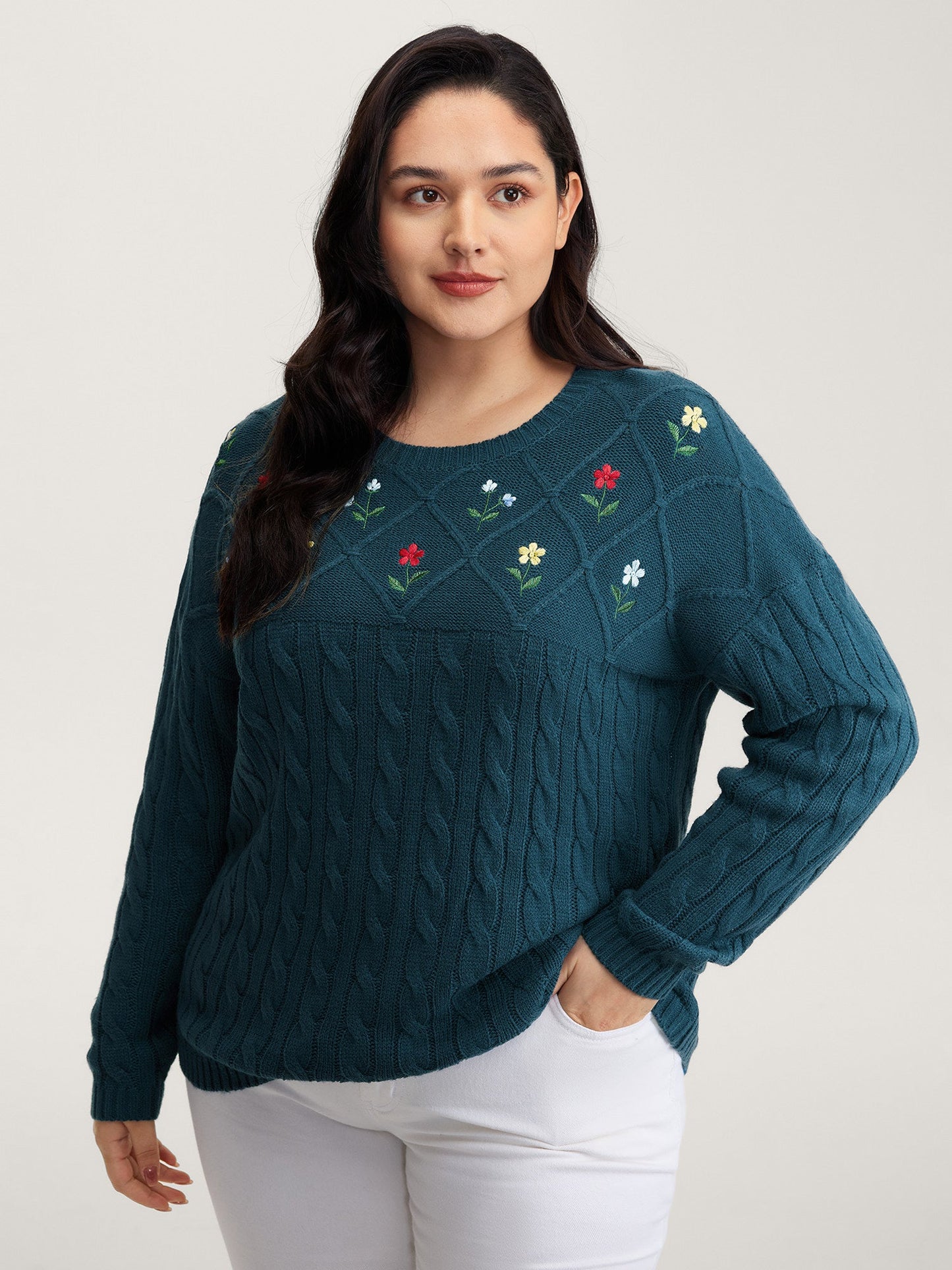 Floral Embroidered Cable Knit Pullover