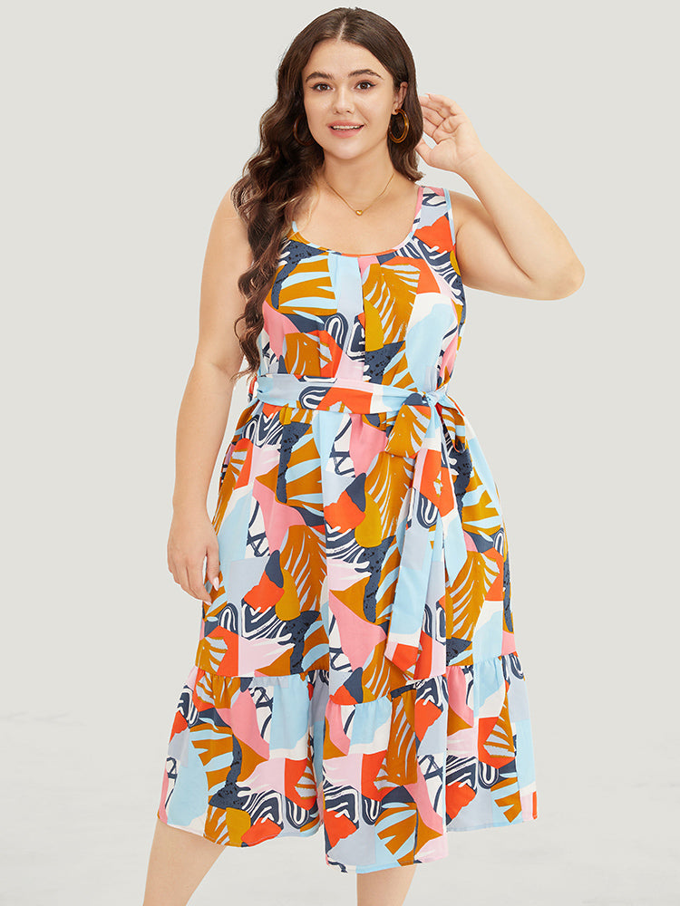Graphic Print Ruffles Hem Pocket Belt Pleated Tank Dress