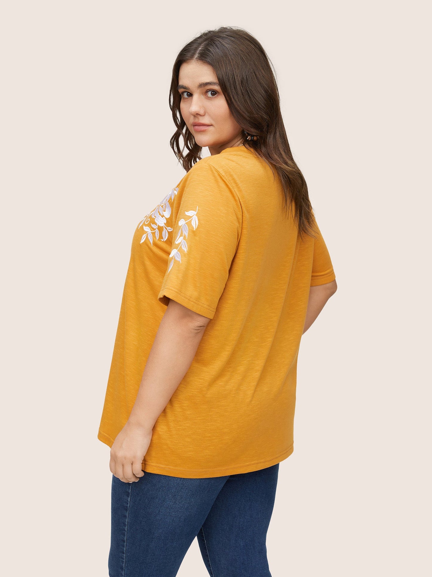 Floral Embroidered Contrast Round Neck T-shirt
