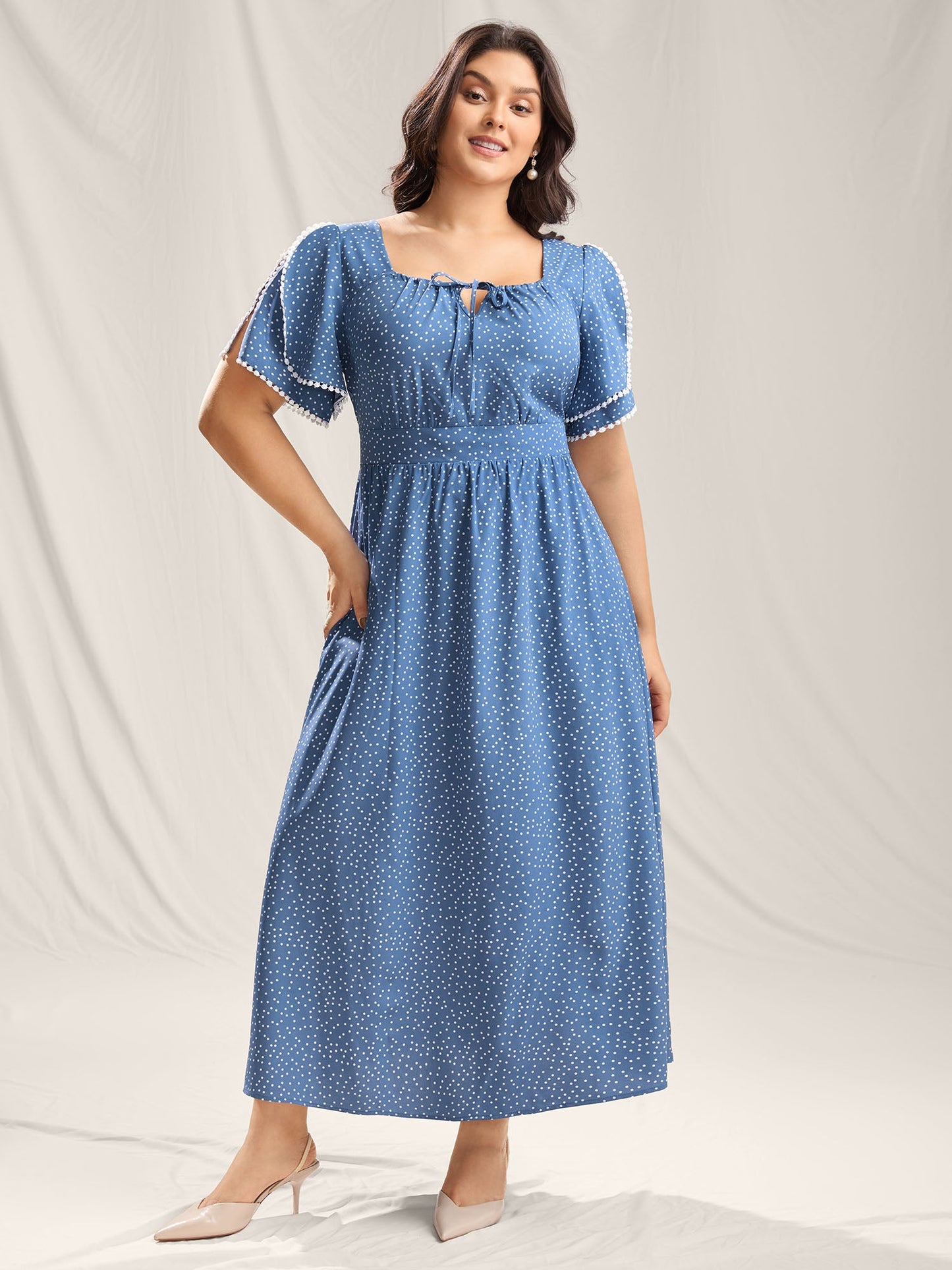 Polka Dots Layer Sleeves Keyhole Maxi Dress