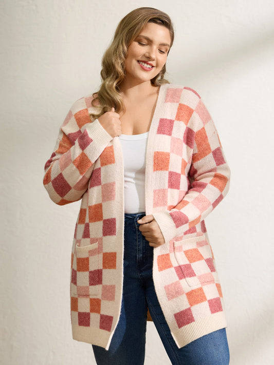 Checkered Color Contrast Open-Front Cardigan