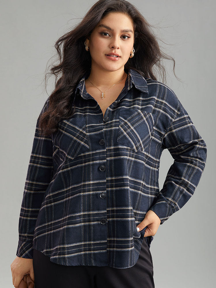 Plaid Shirt Collar Button Through Pocket Blouse