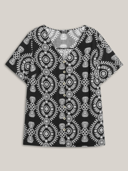 Boho Print Button Placket Blouse