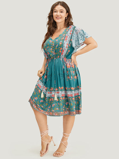 Bandana Print Ruffle Sleeve Pocket Tie Neck Tassels Dress