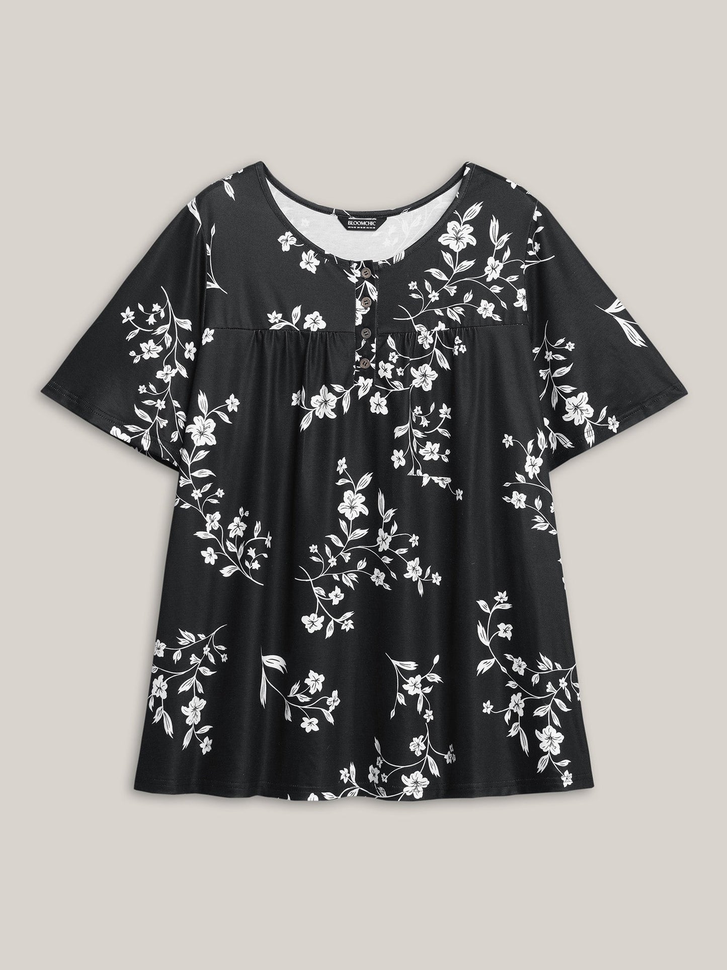 Floral Print Button Placket Pleated T-Shirt