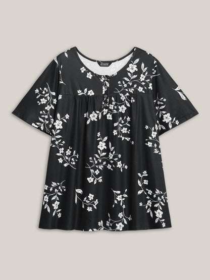 Floral Print Button Placket Pleated T-Shirt