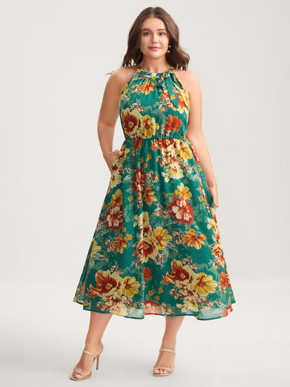 Large Floral Print Stretchy-Waist Midi Dress