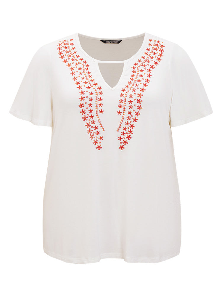 Floral Embroidered Ruffle Sleeve Keyhole Neck T-shirt