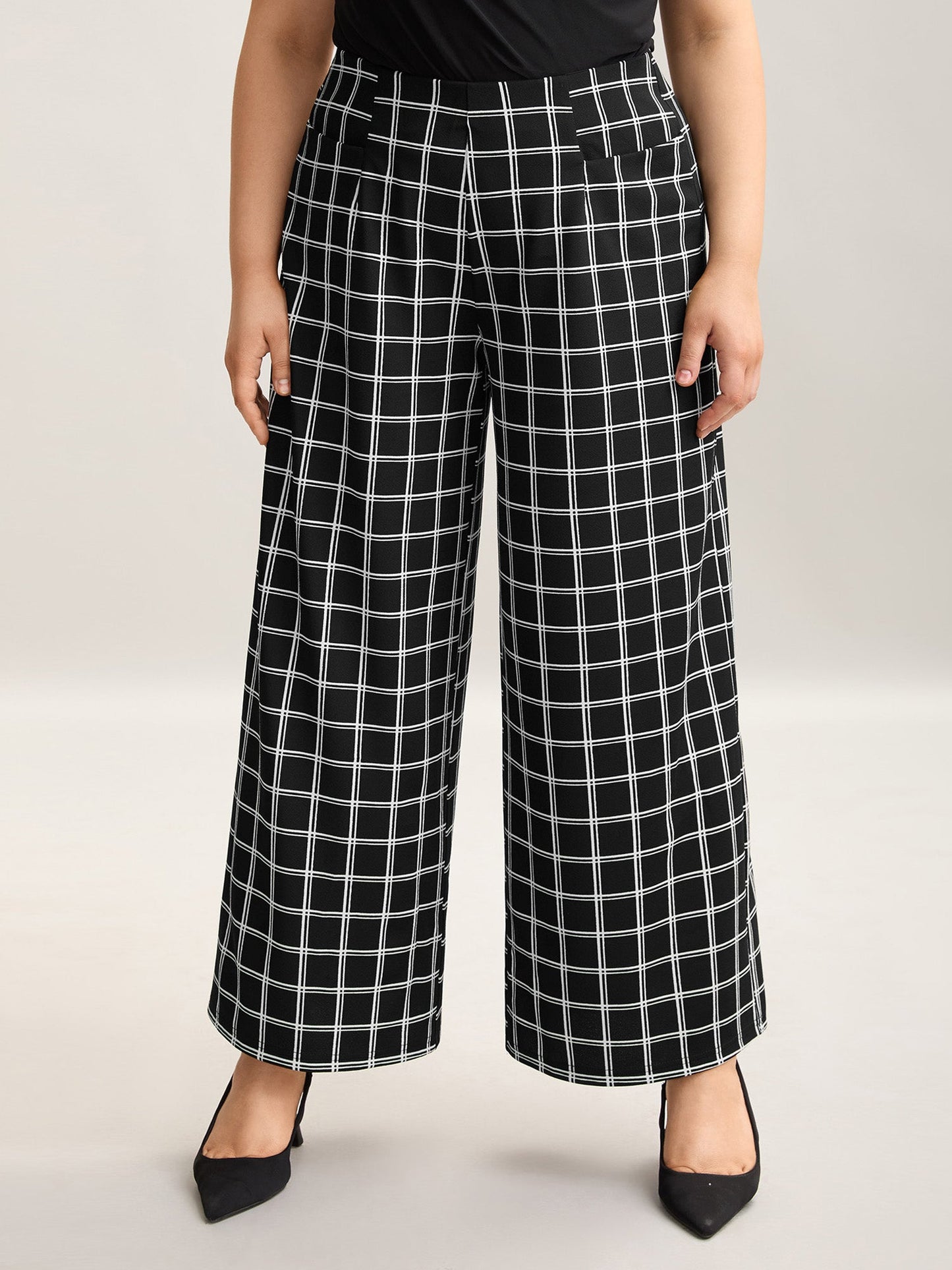 Plaid Pattern Stretchy Waist Wide-Leg Pants