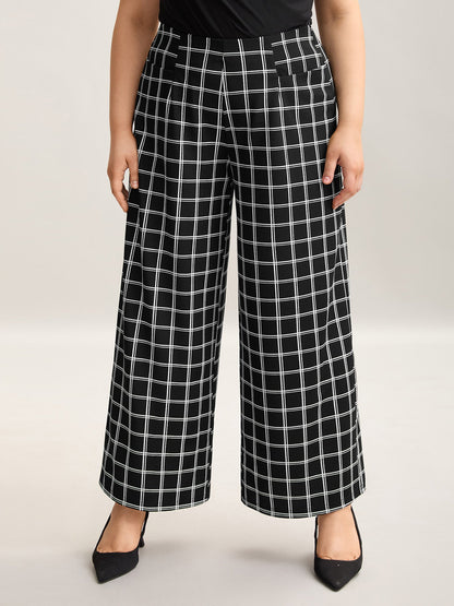 Plaid Pattern Stretchy Waist Wide-Leg Pants