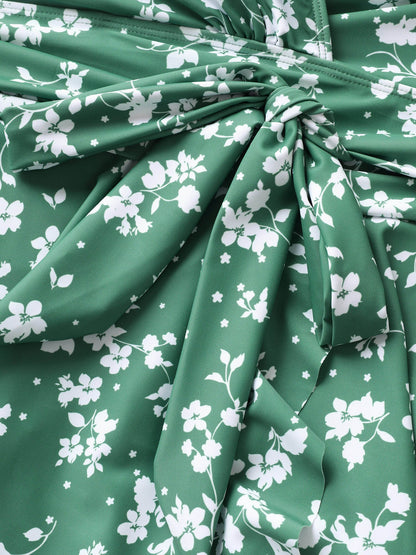 Ditsy Floral Overlap Collar Tie Knot Swim Dress