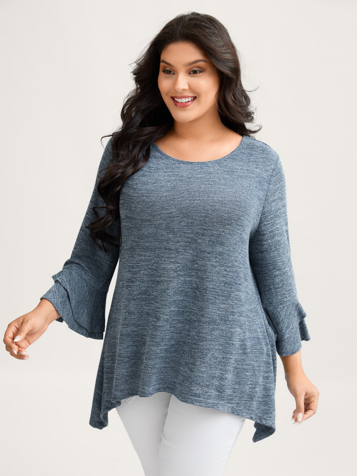 Stretchy Heather Layered Ruffle Sleeve T-Shirt
