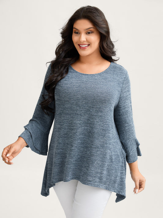 Stretchy Heather Layered Ruffle Sleeve T-Shirt