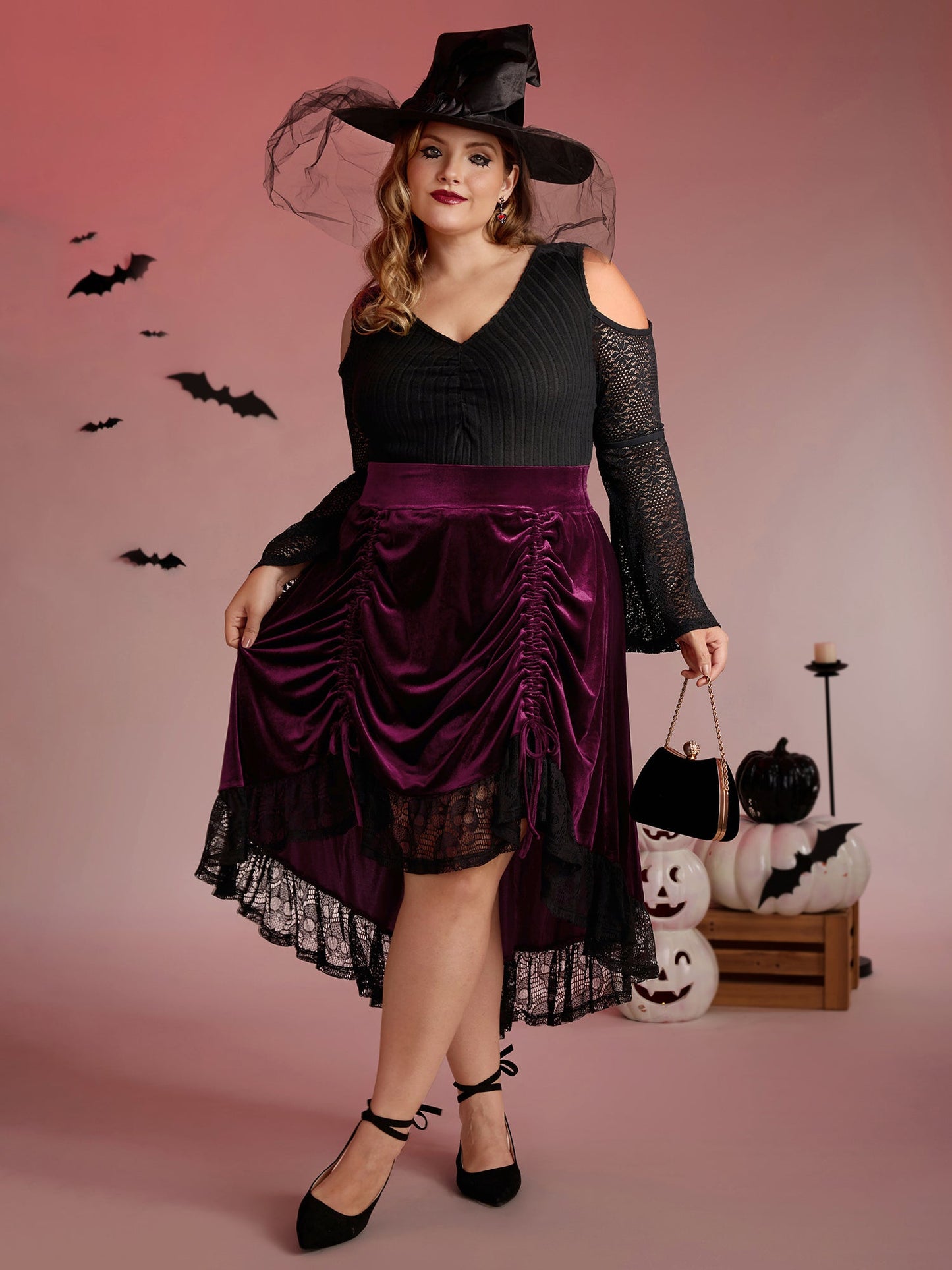Velvet Lace Ruffled Gathered Midi Skirt