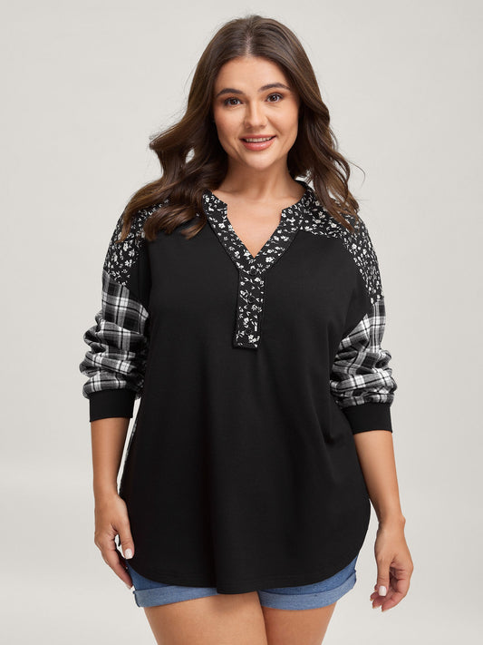 Checkered Print Contrast Notched Collar Sweatshirt