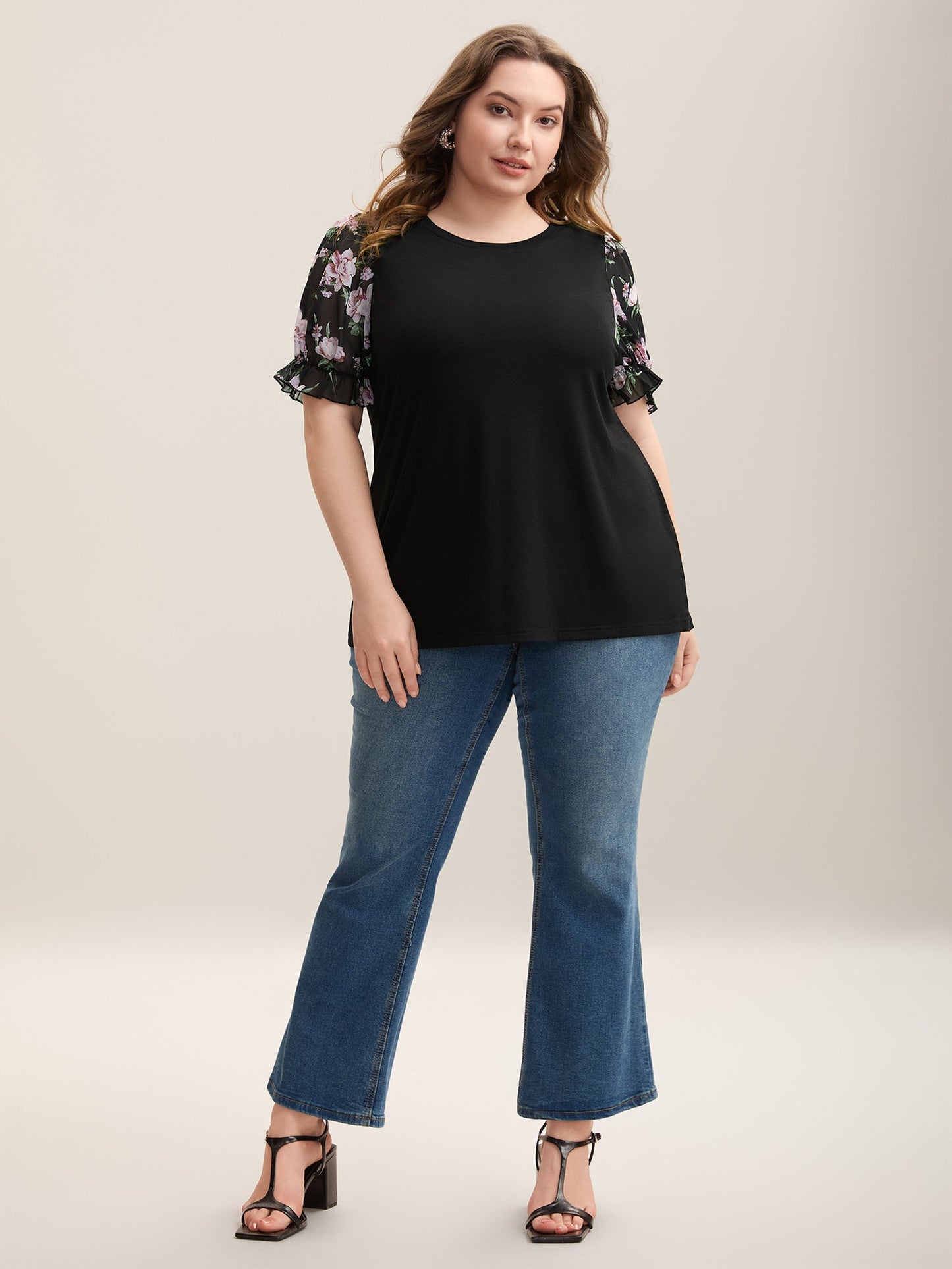 Printed Puff Sleeve Crew Neck T-Shirt