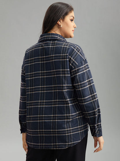 Plaid Shirt Collar Button Through Pocket Blouse