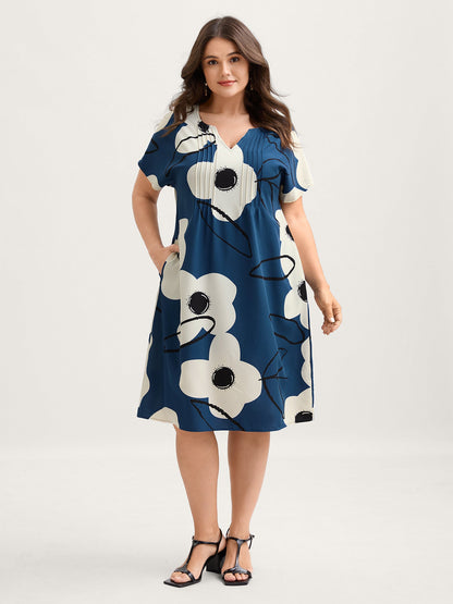 Floral Pleated Front Pockets Midi Dress